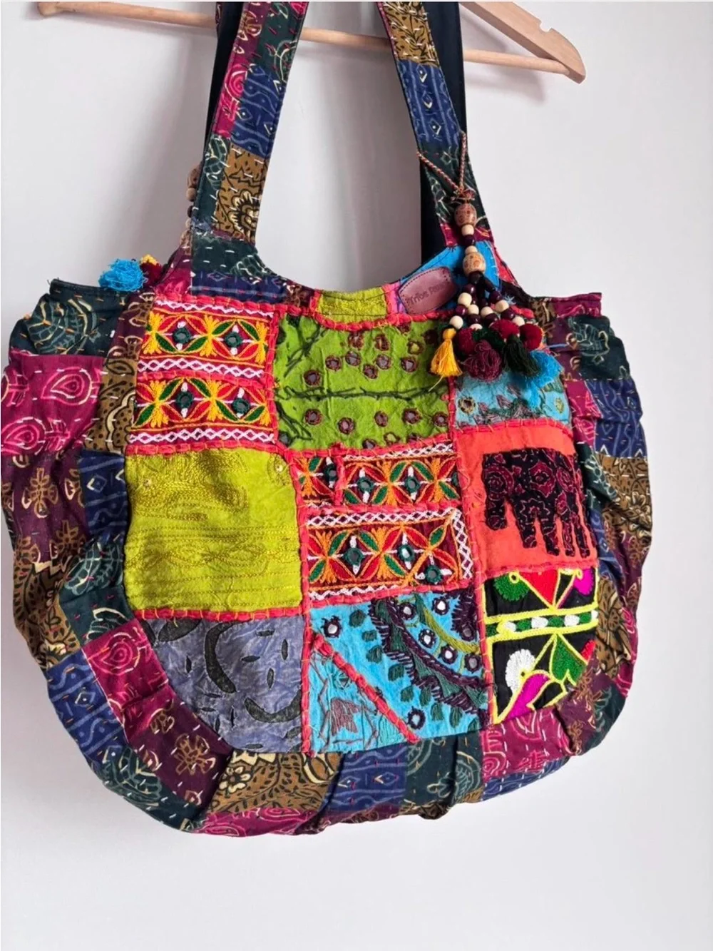 Tribe Azure Boho Patchwork Embroidered Elephant Tote Shoulder Bag Large